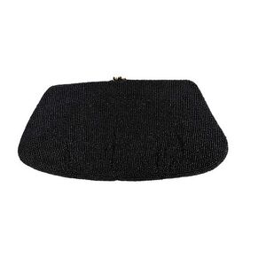 Vintage Micro Glass Bead Small Black Silk Satin Lined Snap Close Clutch Purse